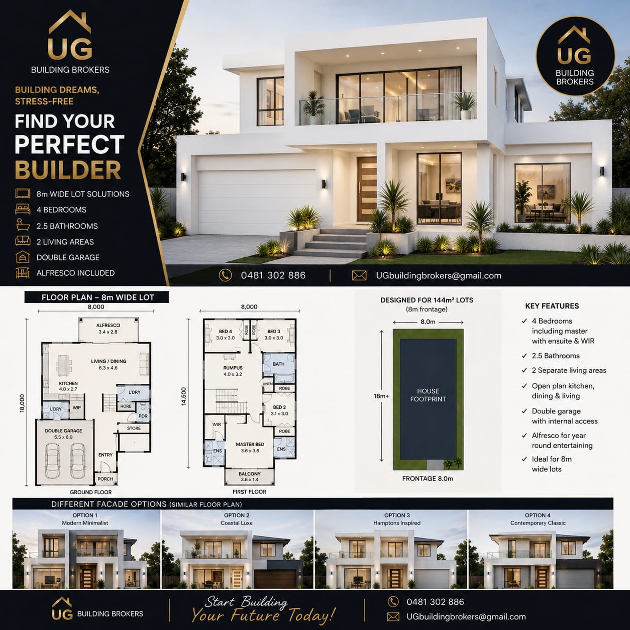 8m Wide Lot — 4 Bed Double Storey