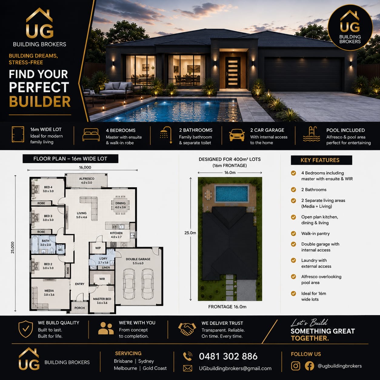 16m Wide Lot — 4 Bed + Pool